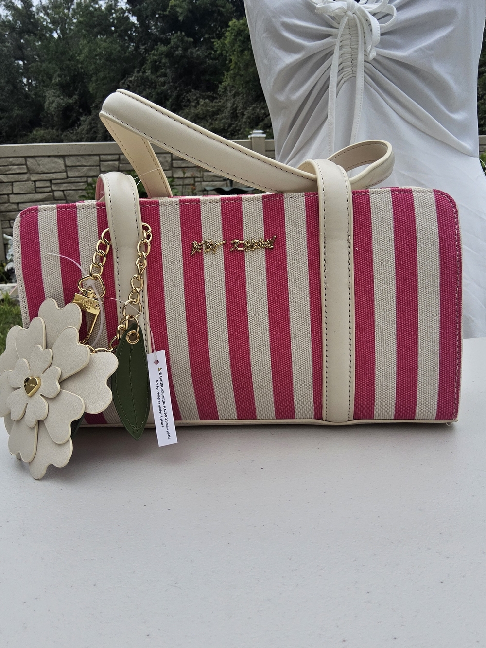 Betsey Johnson Pink and Cream Striped Shoulder Bag with Floral Charm Keychain